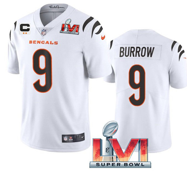 Youth Cincinnati Bengals #9 Joe Burrow 2022 White With C Patch Super Bowl LVI Vapor Limited Stitched Jersey Youth Cincinnati Bengals #9 Joe Burrow 2022 White With C Patch Super Bowl LVI Vapor Limited Stitched Jersey